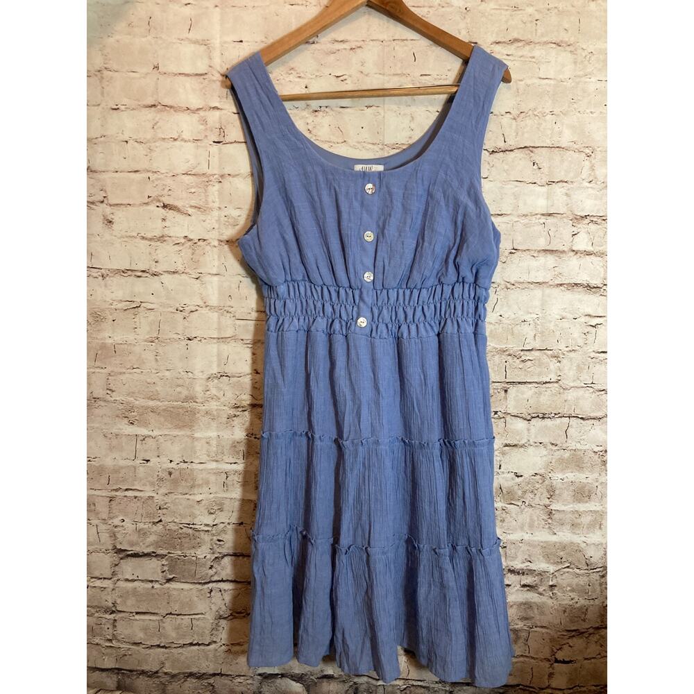 AUW Babydoll Dress Womens 1X Blue Tiered Button Front Sleeveless Flowy Plus